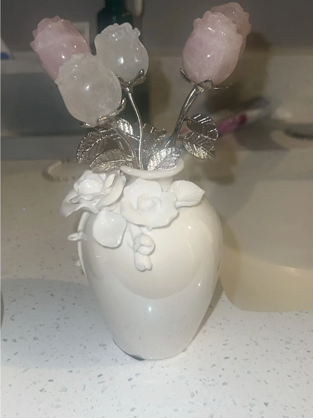 Creme Ceramic Rose Bud Vases with rose quartz/clear quartz Accent Flower Stems